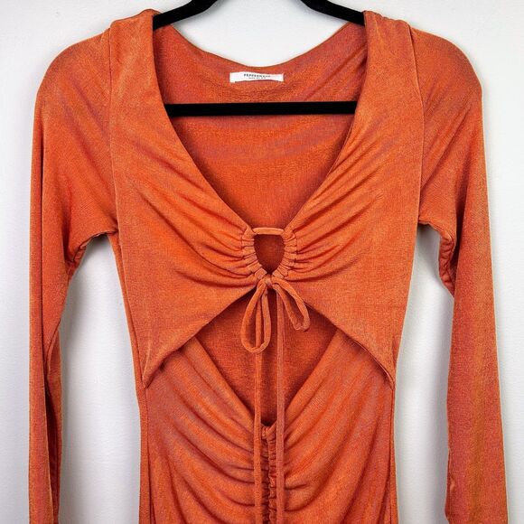 PepperMayo Cora Mini Dress Long Sleeve Bodycon Cut Outs Ruched Ring Tie Orange 4 - Picture 3 of 13